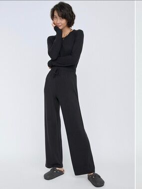 Women's Black Wide-Leg Drawstring Lounge Pants